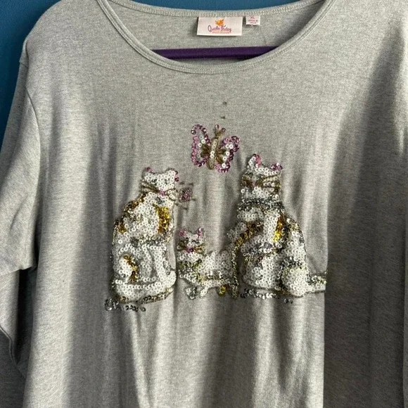 Y2K Beaded Cat Tee Women's Size XL Kitten Butterfly Quacker Factory Gray Grandma - Picture 2 of 8